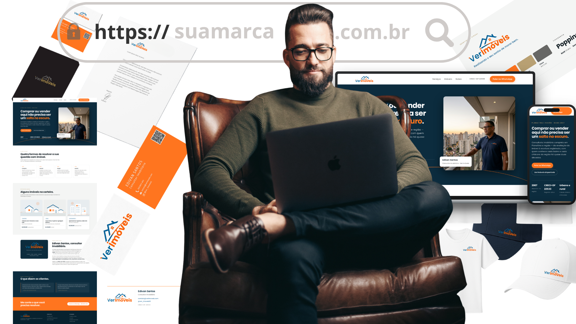 Tudo que o corretor recebe num pacote só: logomarca, identidade visual, cartão com QR code, e-mail profissional, redes e site